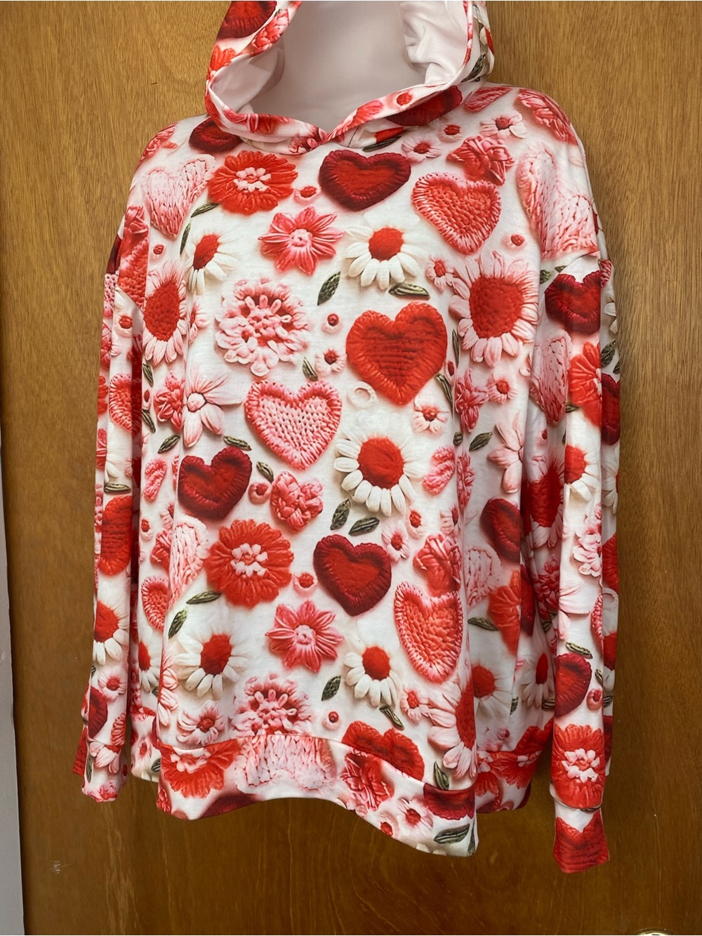 Women's Hooded Crewneck Sweater with Red & Pink Hearts